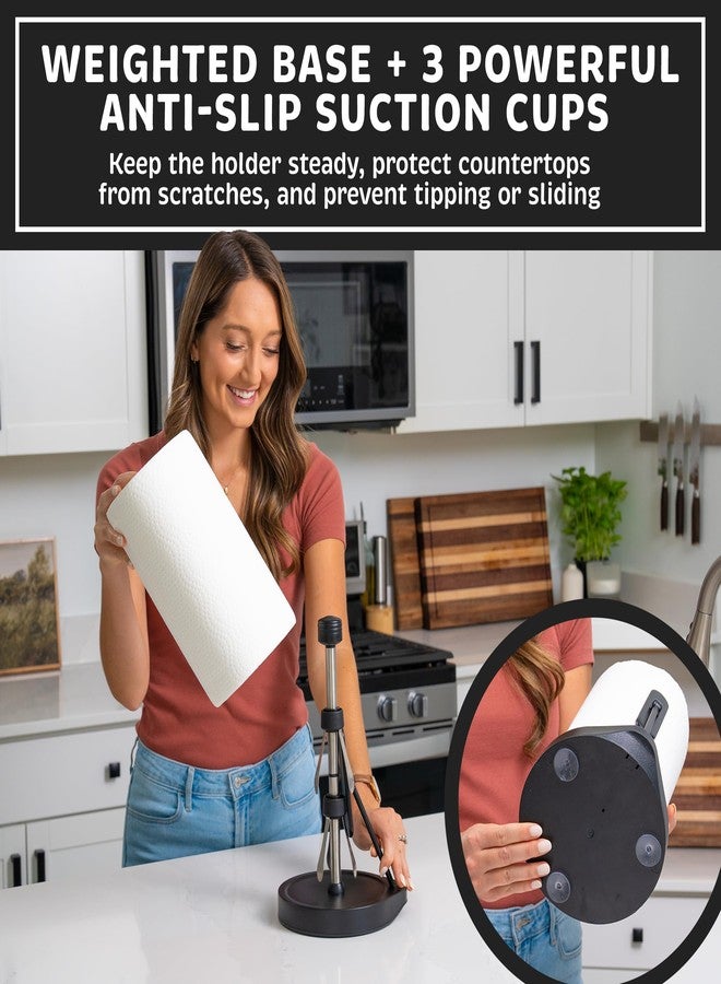 Dear Household حامل مناشف ورقية بذراع شد من الفولاذ المقاوم للصدأ - سهل الاستخدام بيد واحدة - يتميز موزع المناشف الورقية المتين هذا، المصمم لوضعه على سطح الطاولة، بأكواب شفط ويتسع لجميع لفائف المناشف الورقية (أسود) - Image 2