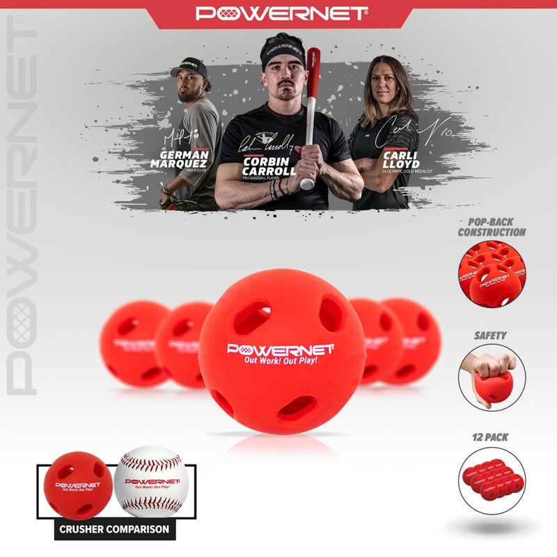 PowerNet Crusher Training Baseballs, Baseball Hitting Trainer for Improved Speed, Power & Coordination, Batting Practice Baseballs 12PK (Red) - Image 2