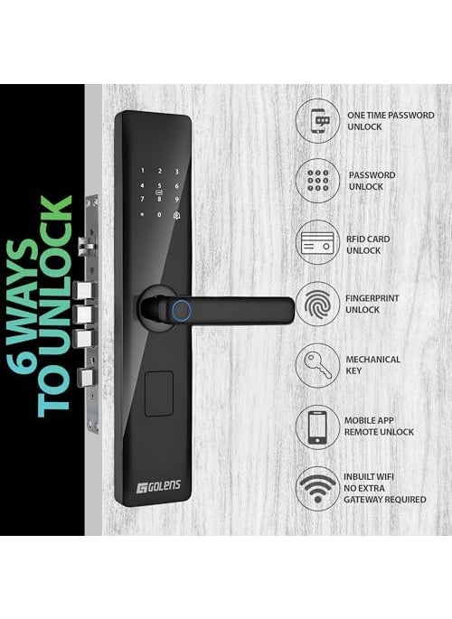 Golens - Golens X33 Glossy Black Smart Digital Door Lock 6Way Unlocking Fingerprint Pincode WiFi RFID Access Card Mobile App Physical Key OTP Access Passage Mode No Extra Gateway Required - Image 1