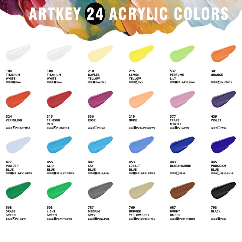 Artkey Acrylic Paint Set, 24 Colors 2 oz/59 ml Acrylic Paint Kit for Professional Artists & Beginners â€“ Craft & Art Supplies for Canvas, Wood, Fabric, Rock, Leather, Ceramic, Glass, Easter Egg - Image 2