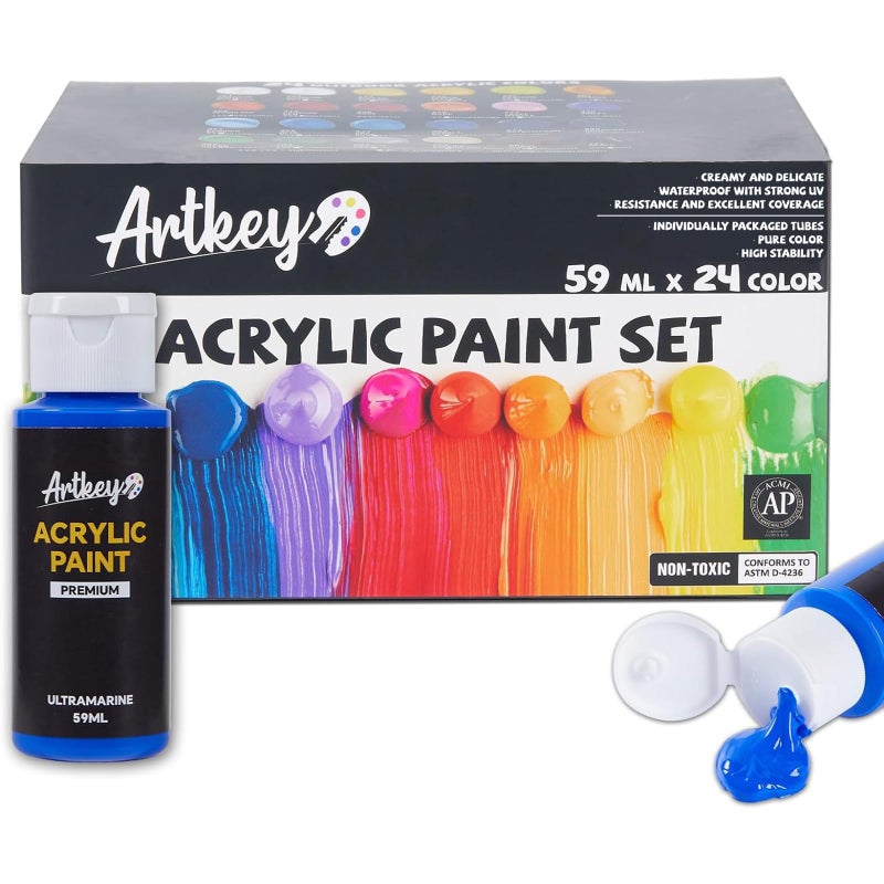Artkey Acrylic Paint Set, 24 Colors 2 oz/59 ml Acrylic Paint Kit for Professional Artists & Beginners â€“ Craft & Art Supplies for Canvas, Wood, Fabric, Rock, Leather, Ceramic, Glass, Easter Egg - Image 1