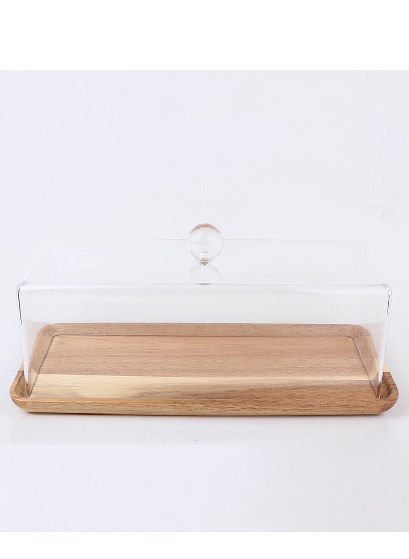 علبة تقديم الخبز والكيك ، تبسي خشبي مستطيل الشكل مع غطاء اكرليك، صينية تخزين لتقديم الكيك مع غطاء شفاف - Image 1