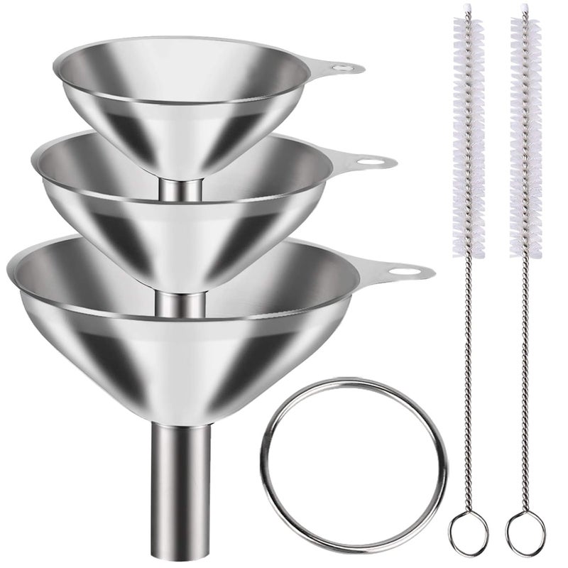 YLYL Metal Stainless Steel Funnel, Large Medium Small Funnel Set of 3, Food Grade Mini Funnels for Kitchen Use Filling Bottles Flask Cooking, 2 Brushes - Image 1
