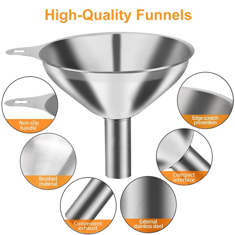 YLYL Metal Stainless Steel Funnel, Large Medium Small Funnel Set of 3, Food Grade Mini Funnels for Kitchen Use Filling Bottles Flask Cooking, 2 Brushes - Image 3