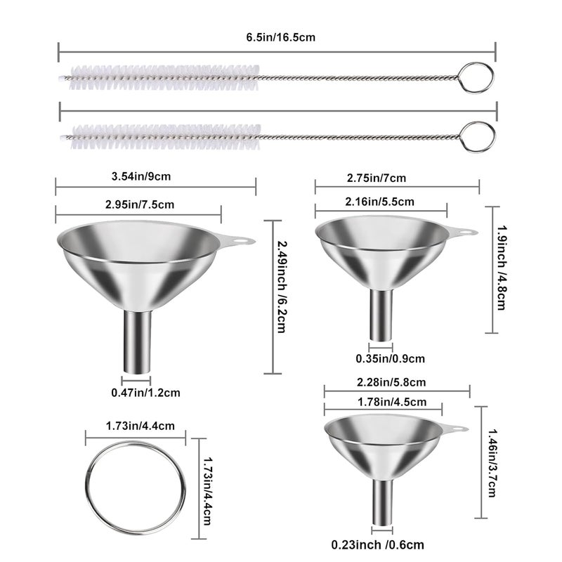 YLYL Metal Stainless Steel Funnel, Large Medium Small Funnel Set of 3, Food Grade Mini Funnels for Kitchen Use Filling Bottles Flask Cooking, 2 Brushes - Image 2