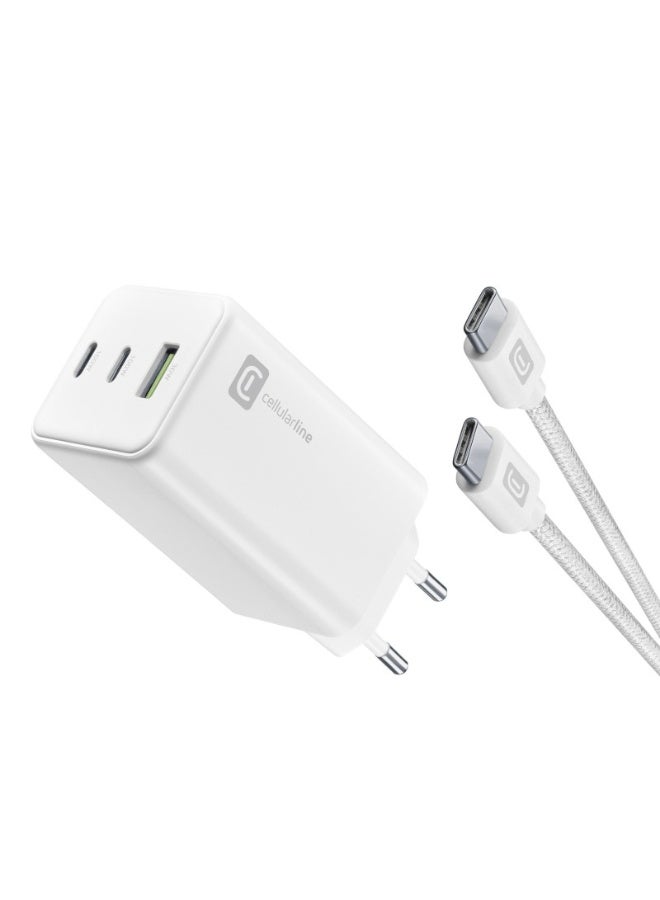 شاحن جداري Cellularline MULTIPOWER 100W مع كابل USB-C إلى USB-C 5A – بتقنية GaN، أبيض