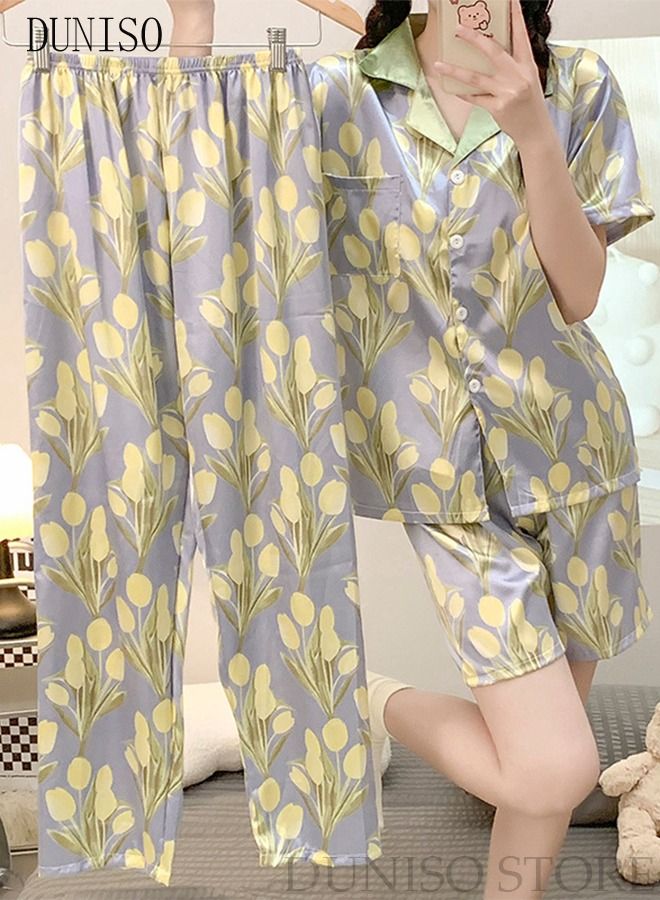 DUNISO 3-Piece Women's Soft Pajamas Set Short Sleeve Silky Sleepwear Loungewear Button-Down Night Suit Summer And Autumn Night Wear Long Sleeve Top And 2 PCS Pants Loungewear Sets - Image 3