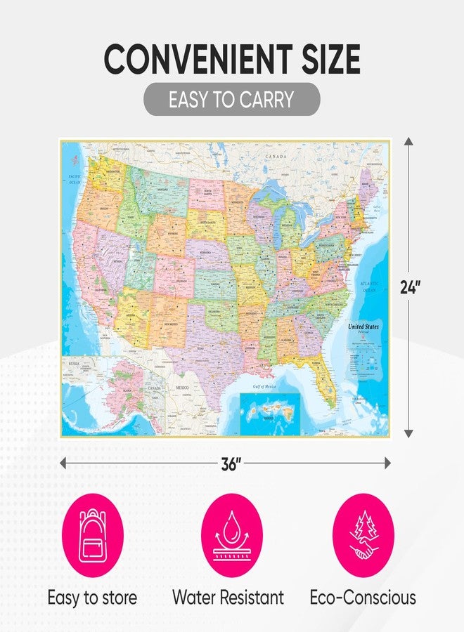 خريطة الولايات المتحدة الأمريكية المقاومة للماء من NOWMAP، مقاس 24 × 36 بوصة، قابلة للطي - خريطة سفر للولايات المتحدة الأمريكية على الوجهين مع ملصقات دبابيس - خريطة جدارية مقاومة للتمزق - Image 3