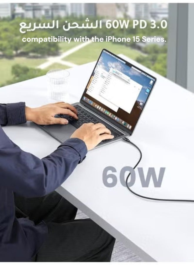 كيبل شحن أصلي و سريع بقوة 60 واط USB C إلى USB C بطول 1 متر، بي دي 3.0 3 امبير متوافق مع سلسلة ايفون 15، ماك بوك/ايباد برو، سامسونج جالاكسي S24 الترا/اس 23/22/زد فولد/زد فليب، جوجل بيكسل 7، سويتش - Image 2