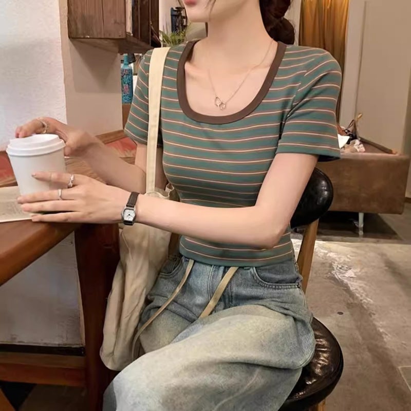 Japanese Style Retro Stereo Stripesd Heavy Round Neck T-Shirt For Couples Loose And Versatile Casual Simple Short-Sleeved - Image 5