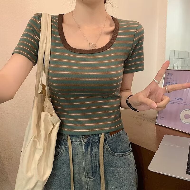Japanese Style Retro Stereo Stripesd Heavy Round Neck T-Shirt For Couples Loose And Versatile Casual Simple Short-Sleeved - Image 1