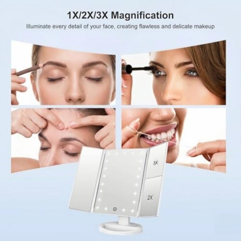 مرآة مكياج LED ثلاثية الطي مع تكبير 3X و2X - 21 ضوء طبيعي قابل للتعتيم وشاشة لمسية - مرآة مناديل محمولة لطاولة التزيين والسفر - بطارية USB مزدوجة لون أبيض - Image 3