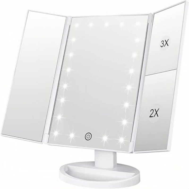 مرآة مكياج LED ثلاثية الطي مع تكبير 3X و2X - 21 ضوء طبيعي قابل للتعتيم وشاشة لمسية - مرآة مناديل محمولة لطاولة التزيين والسفر - بطارية USB مزدوجة لون أبيض - Image 1