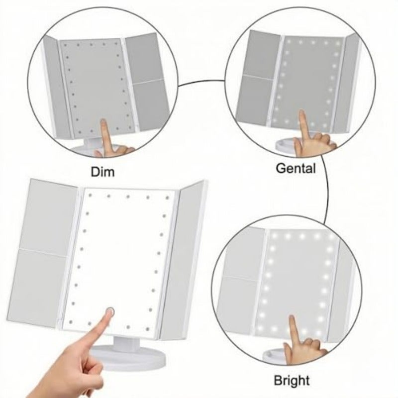 مرآة مكياج LED ثلاثية الطي مع تكبير 3X و2X - 21 ضوء طبيعي قابل للتعتيم وشاشة لمسية - مرآة مناديل محمولة لطاولة التزيين والسفر - بطارية USB مزدوجة لون أبيض - Image 4