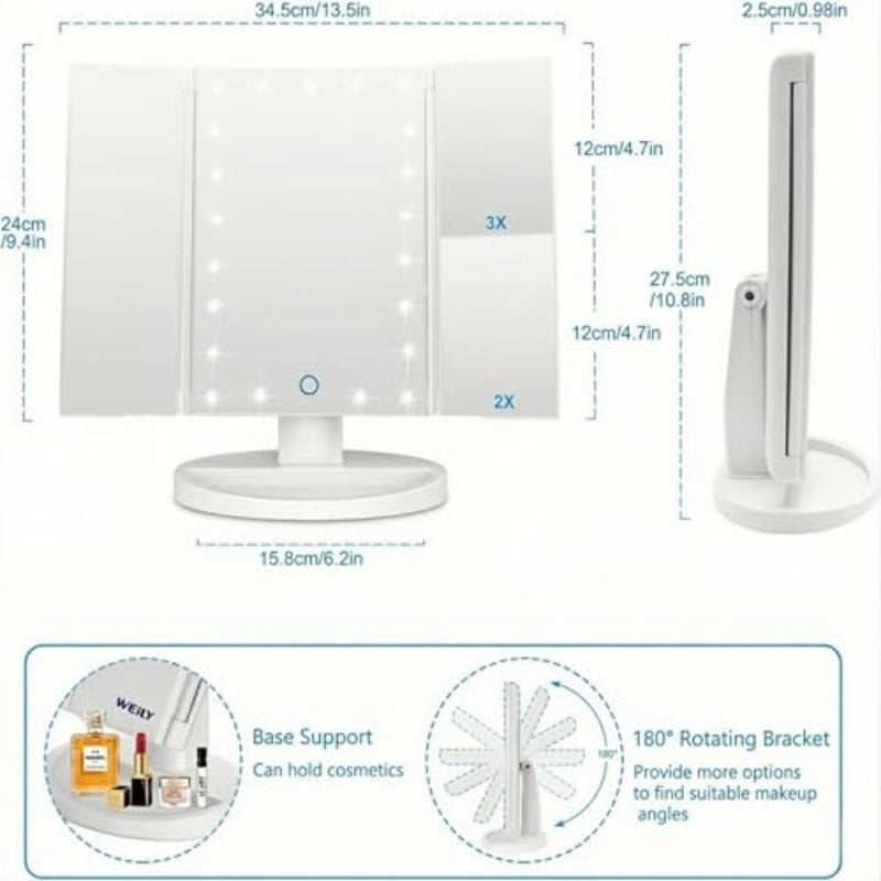 مرآة مكياج LED ثلاثية الطي مع تكبير 3X و2X - 21 ضوء طبيعي قابل للتعتيم وشاشة لمسية - مرآة مناديل محمولة لطاولة التزيين والسفر - بطارية USB مزدوجة لون أبيض - Image 5