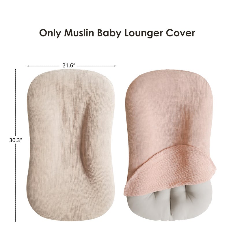MairMore Muslin Baby Lounger Cover for Newborn & Infant, 100% Cotton Soft and Breathable Lounger Slipcover for Baby Girls and Boys, Pack of 2 (Pink, Ivory) - Image 3