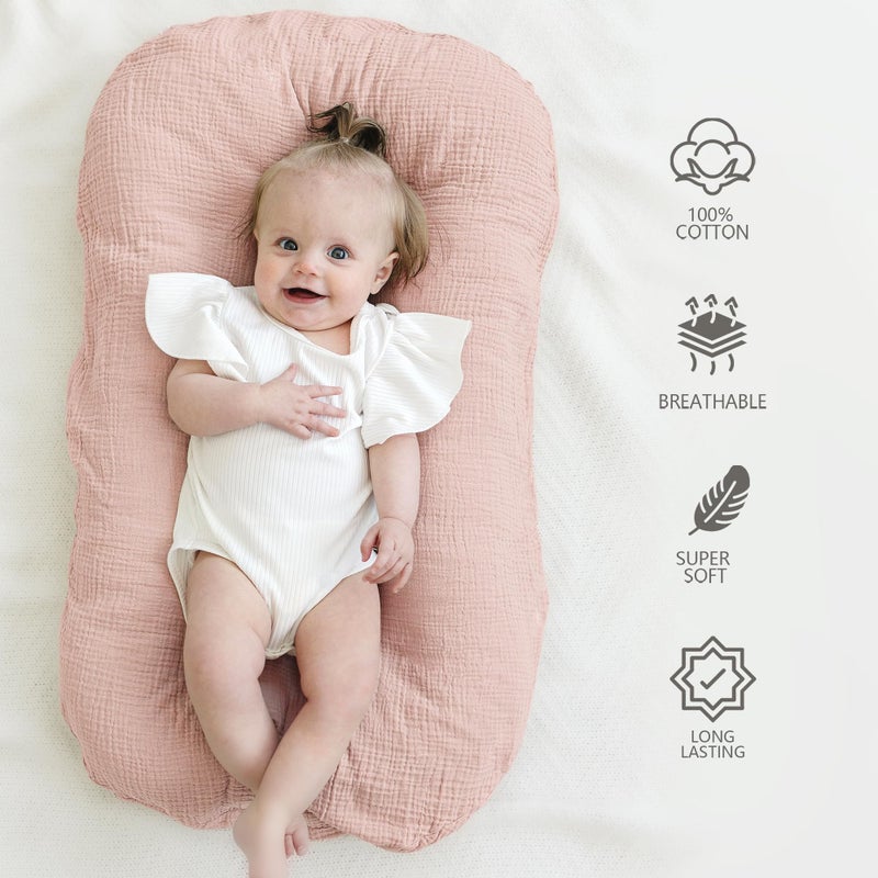 MairMore Muslin Baby Lounger Cover for Newborn & Infant, 100% Cotton Soft and Breathable Lounger Slipcover for Baby Girls and Boys, Pack of 2 (Pink, Ivory) - Image 2
