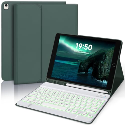 YUNPLE for iPad 9th 8th 7th Generation Case with Keyboard 10.2" - 7 Color Backlit Wireless Detachable Folio Keyboard Cover with Pencil Holder, Compatible with iPad Pro 10.5”/Air 3rd Gen (Dark Green) - Image 1