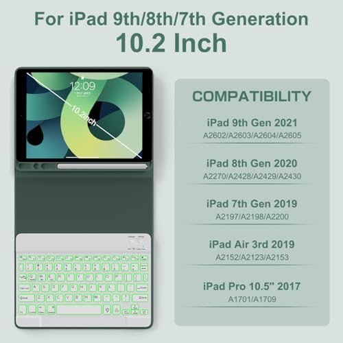 YUNPLE for iPad 9th 8th 7th Generation Case with Keyboard 10.2" - 7 Color Backlit Wireless Detachable Folio Keyboard Cover with Pencil Holder, Compatible with iPad Pro 10.5”/Air 3rd Gen (Dark Green) - Image 2