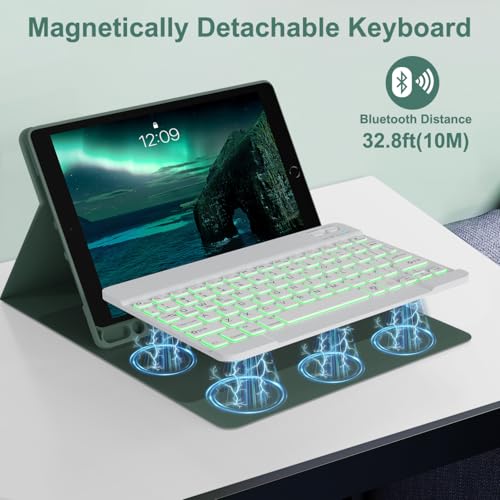 YUNPLE for iPad 9th 8th 7th Generation Case with Keyboard 10.2" - 7 Color Backlit Wireless Detachable Folio Keyboard Cover with Pencil Holder, Compatible with iPad Pro 10.5”/Air 3rd Gen (Dark Green) - Image 4