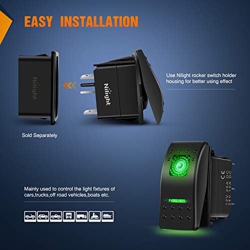 Nilight 6 Pack Rocker Switches with Night Glow Stickers 5 PIN SPST Rocker Switches with Green Backlit 12V/24V Toggle Switches for Cars Trucks RVs Boats Auto Motorcycles,2 Years Warranty - Image 3