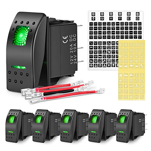 Nilight 6 Pack Rocker Switches with Night Glow Stickers 5 PIN SPST Rocker Switches with Green Backlit 12V/24V Toggle Switches for Cars Trucks RVs Boats Auto Motorcycles,2 Years Warranty - Image 1