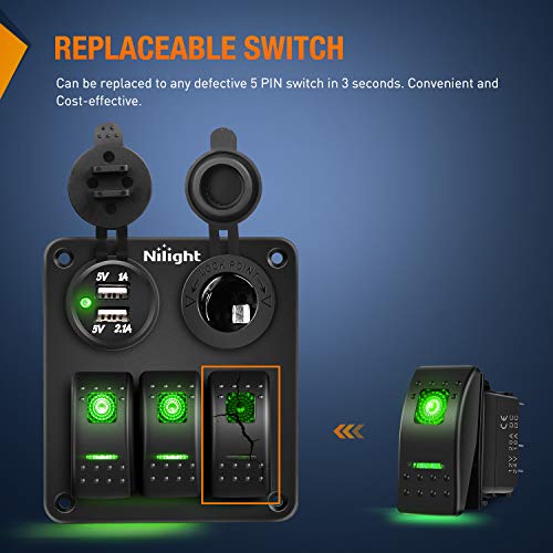 Nilight 6 Pack Rocker Switches with Night Glow Stickers 5 PIN SPST Rocker Switches with Green Backlit 12V/24V Toggle Switches for Cars Trucks RVs Boats Auto Motorcycles,2 Years Warranty - Image 5