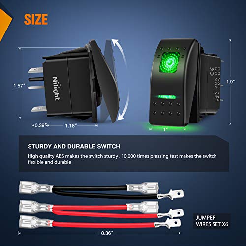 Nilight 6 Pack Rocker Switches with Night Glow Stickers 5 PIN SPST Rocker Switches with Green Backlit 12V/24V Toggle Switches for Cars Trucks RVs Boats Auto Motorcycles,2 Years Warranty - Image 2