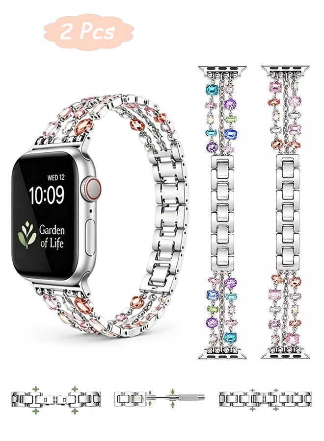 GD 2 Pcs Crystal Beaded iWatch Bands Compatible with Apple Watch 38/40/41mm for Women - Replacement Bands Bling Diamond Bracelet Strap for iWatch Series 4 5 6 7 8 SE - Image 1