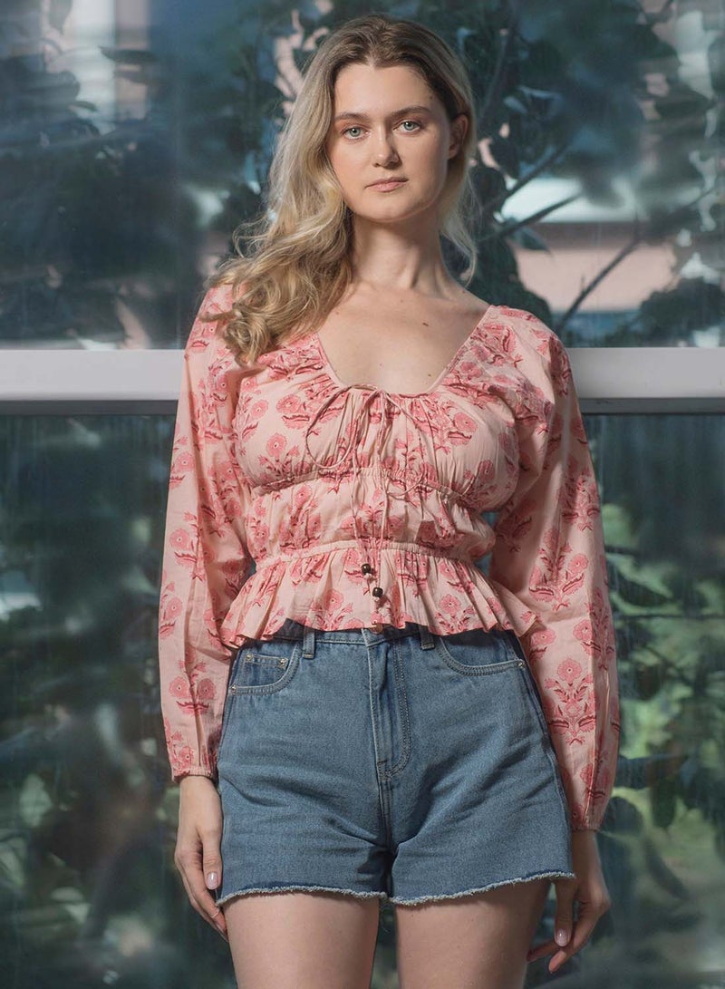 VIRGIO 100% Cotton Cinched Waist Block Print Crop Top - Image 2