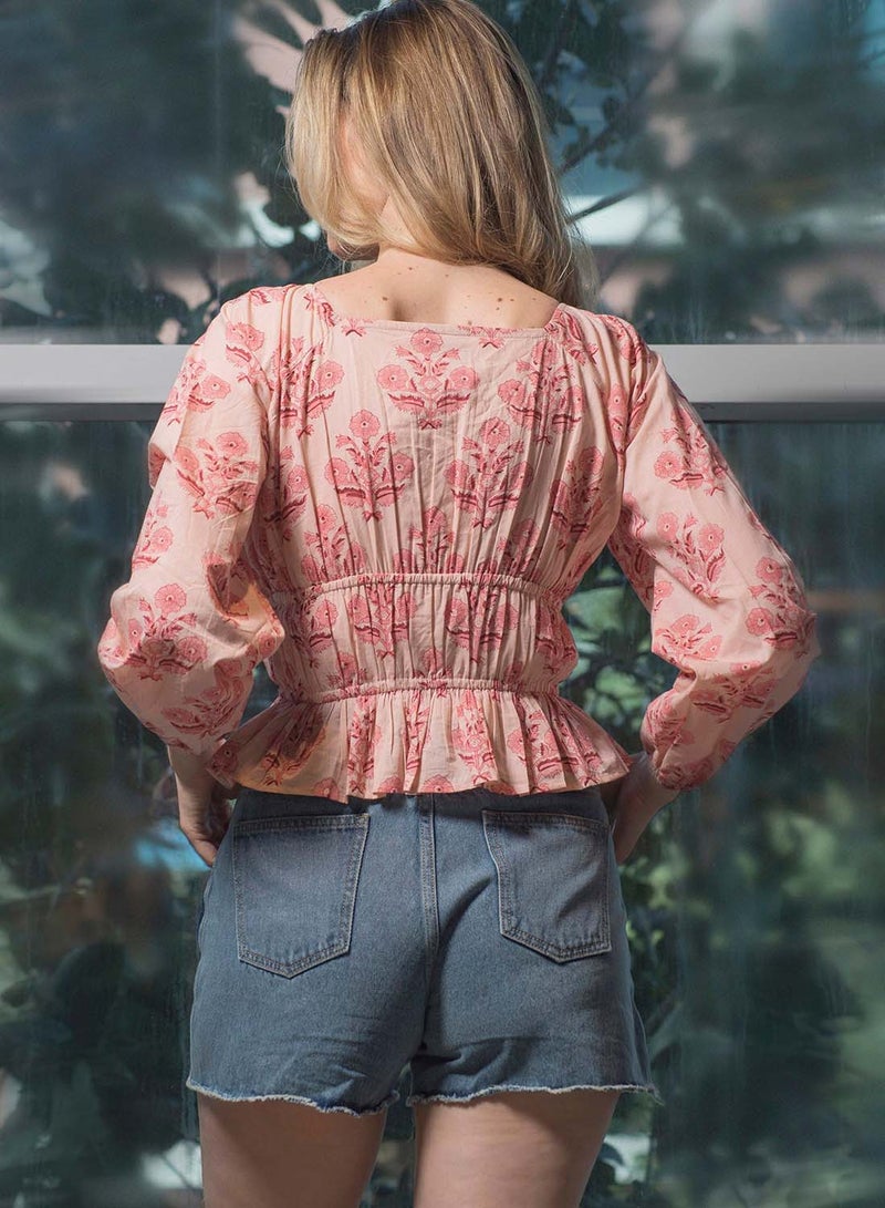VIRGIO 100% Cotton Cinched Waist Block Print Crop Top - Image 4