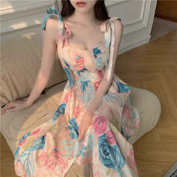Super Fairy Hainan Sanya Seaside Holiday Travel Photo Strap Dress French Retro Oil Painting Printed Elegant Dress 844 suit 