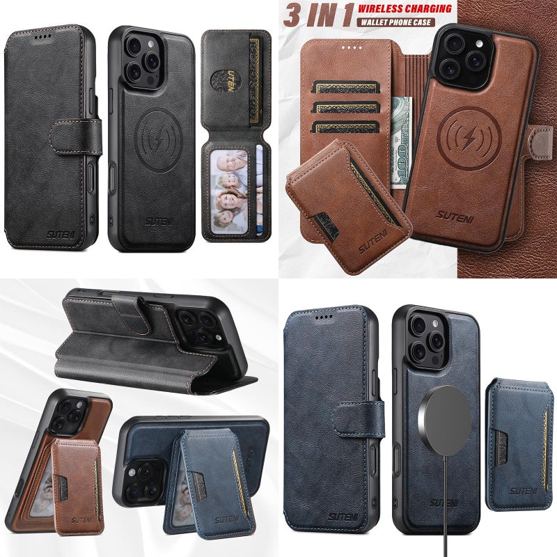 Suteni For Iphone 13 Pro Q05S3 3-In-1 Detachable Vertical Flip Wallet Magsafe Leather Phone Case(Black) - Image 5