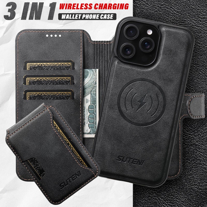 Suteni For Iphone 13 Pro Q05S3 3-In-1 Detachable Vertical Flip Wallet Magsafe Leather Phone Case(Black) - Image 4