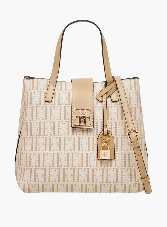 ELLE Monogram Print Tote Bag with Double Handle and Twist Lock Closure