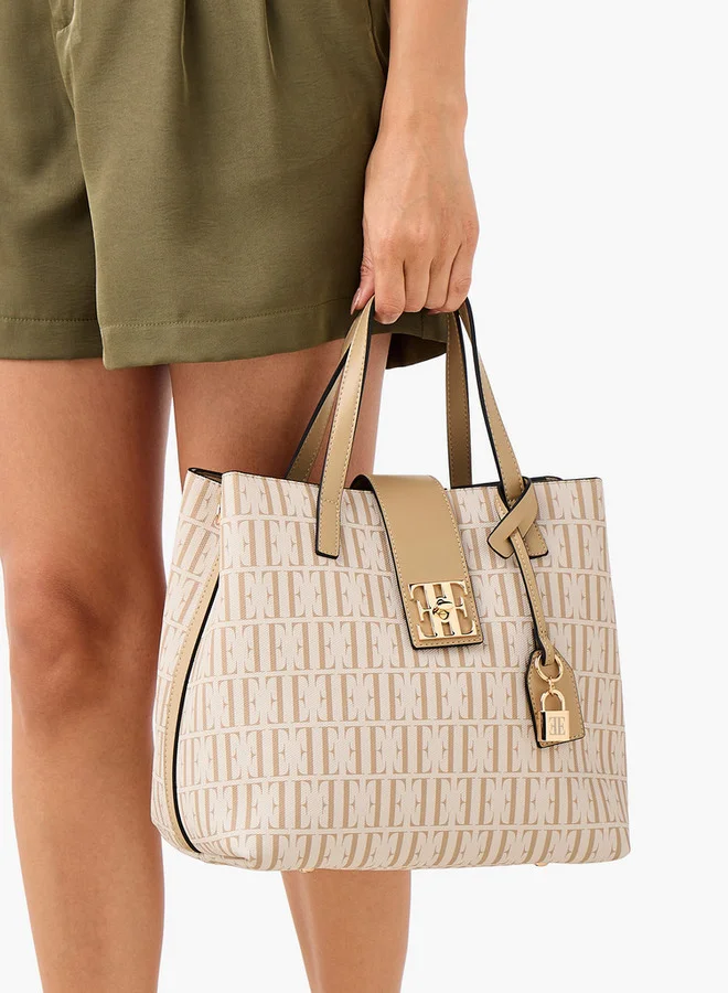 ELLE Monogram Print Tote Bag with Double Handle and Twist Lock Closure