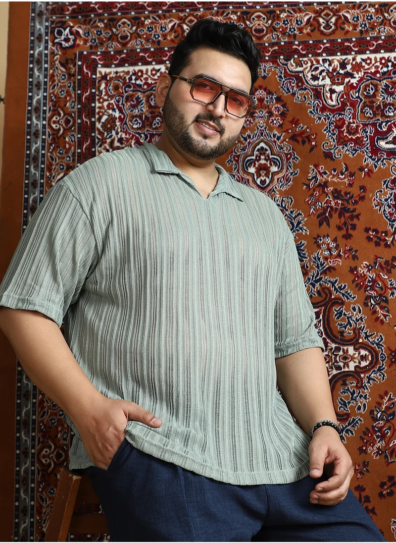 انستافاب بلس Instafab Plus Men's Sage Green Duo-Striped Relaxed Polo T-Shirt For Casual Wear | Polo Neck | Short Cuffed Sleeves | Pull On Closure | Plus Size T-Shirt Crafted With Comfort Fit For Everyday Wear