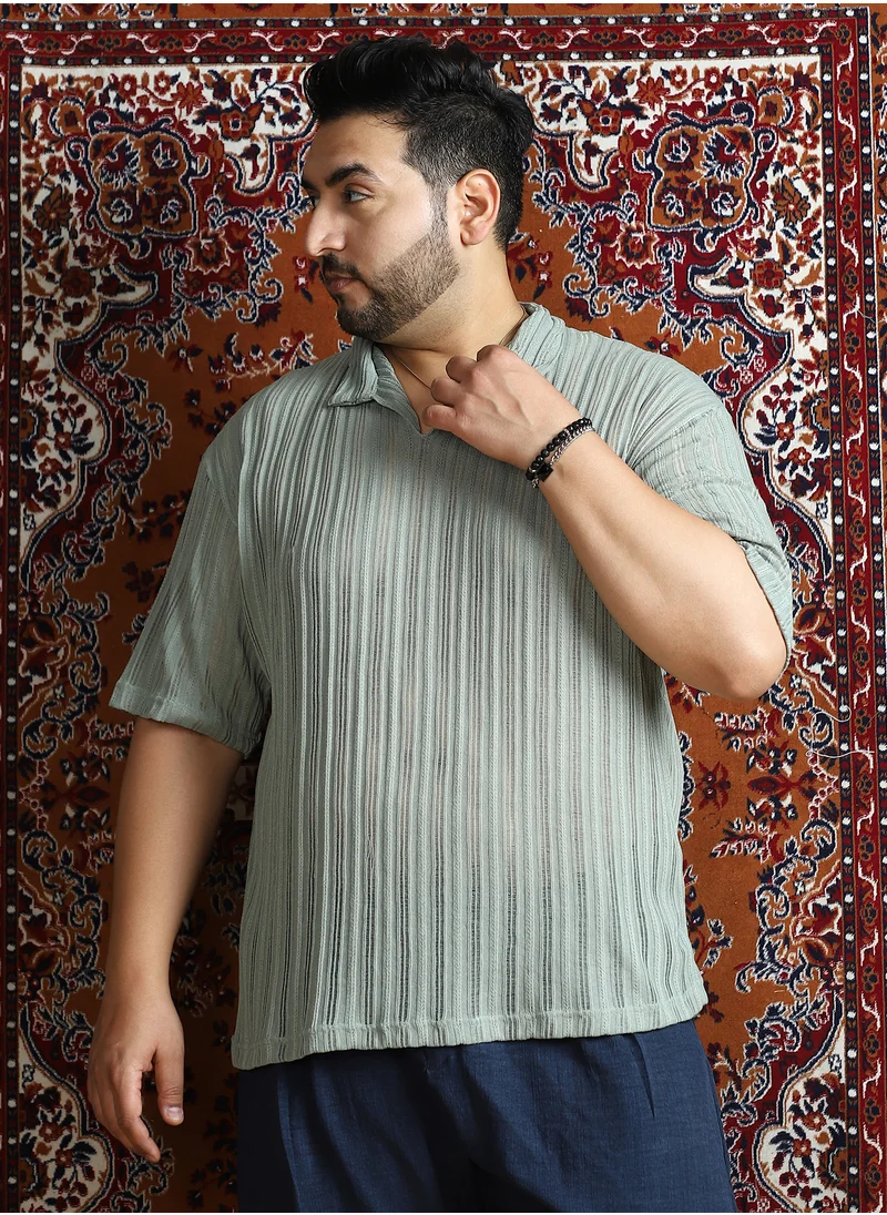 انستافاب بلس Instafab Plus Men's Sage Green Duo-Striped Relaxed Polo T-Shirt For Casual Wear | Polo Neck | Short Cuffed Sleeves | Pull On Closure | Plus Size T-Shirt Crafted With Comfort Fit For Everyday Wear
