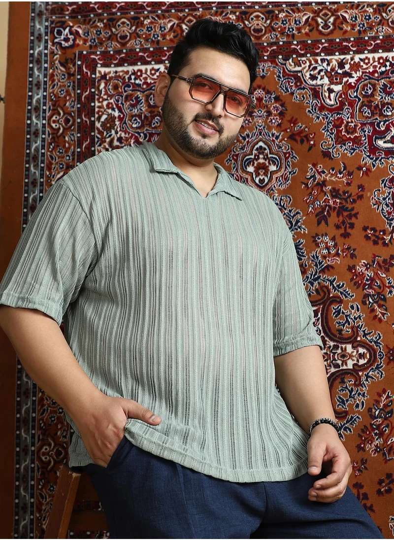 انستافاب بلس Instafab Plus Men's Sage Green Duo-Striped Relaxed Polo T-Shirt For Casual Wear | Polo Neck | Short Cuffed Sleeves | Pull On Closure | Plus Size T-Shirt Crafted With Comfort Fit For Everyday Wear