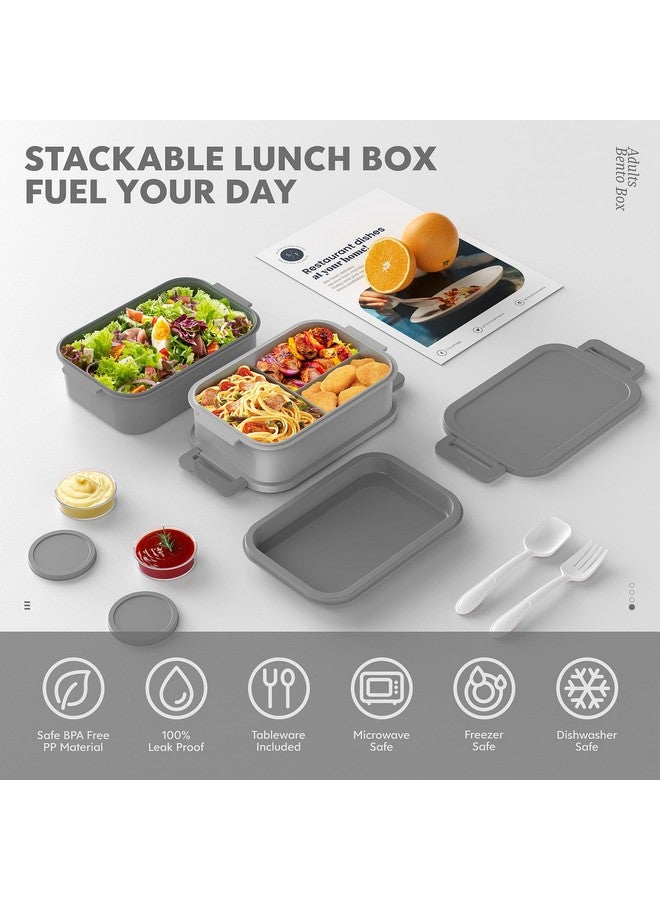 Jelife Adult Bento Box Lunch Box - 3 Layers Stackable Bento Lunch Box for Adults, 72oz Large-Style All-in-One Bento Boxes Leak-Proof Lunchbox with Utensil Sauce Containers for Dining Out,Work, Grey - Image 2