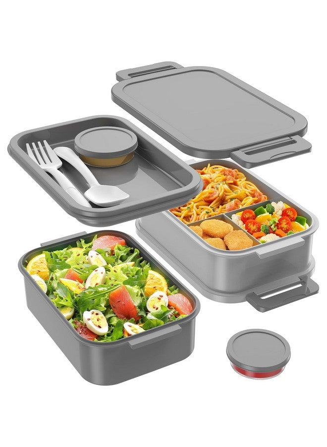 Jelife Adult Bento Box Lunch Box - 3 Layers Stackable Bento Lunch Box for Adults, 72oz Large-Style All-in-One Bento Boxes Leak-Proof Lunchbox with Utensil Sauce Containers for Dining Out,Work, Grey - Image 1