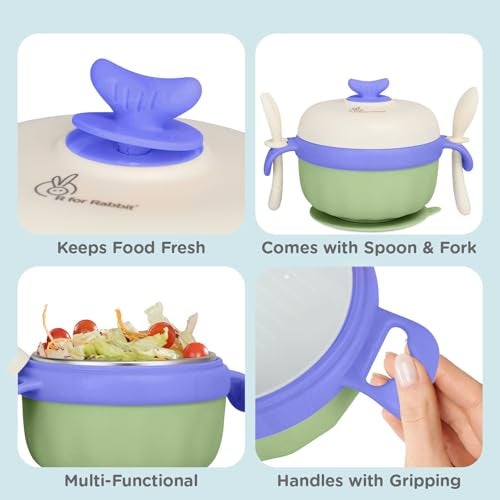 R for Rabbit Safe Feed Storage Baby Feeding Meal Bowl Set with Spoon and Fork for Baby | 304 Stainless Steel Multi-Functional Snack/Fruit Box 350 Gram Capacity (Green) - Image 4