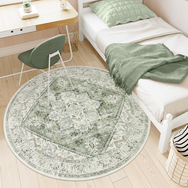 LIVEBOX Medallion Round Area Rug 5ft, Vintage Washable Sage Green Circle Rug for Bedroom, Low-Pile Soft Round Carpet for Living Room, Ideal for High Traffic Areas in Entryway - Image 3