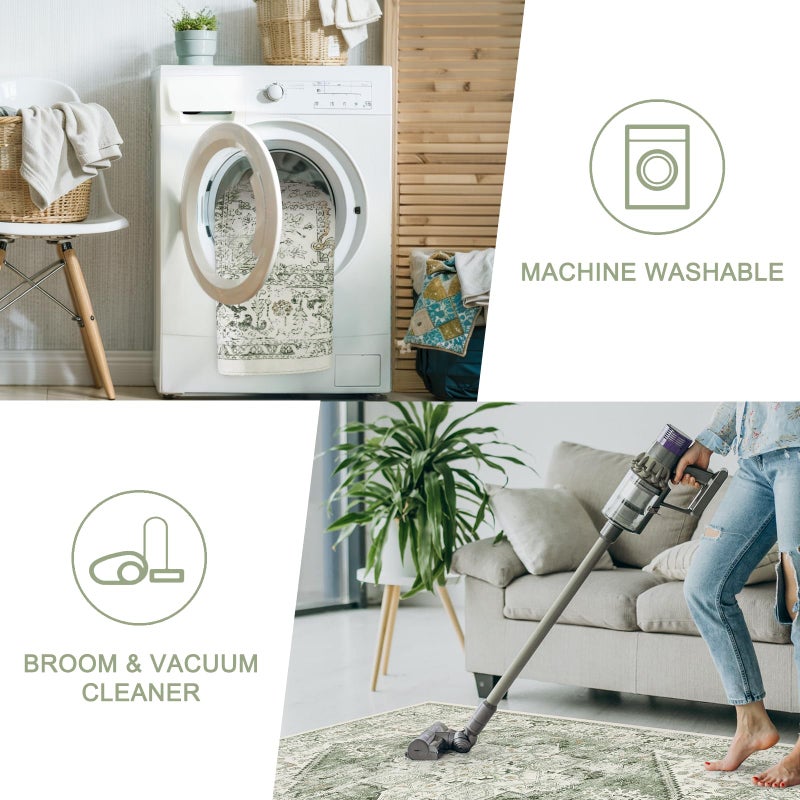 LIVEBOX Medallion Round Area Rug 5ft, Vintage Washable Sage Green Circle Rug for Bedroom, Low-Pile Soft Round Carpet for Living Room, Ideal for High Traffic Areas in Entryway - Image 5