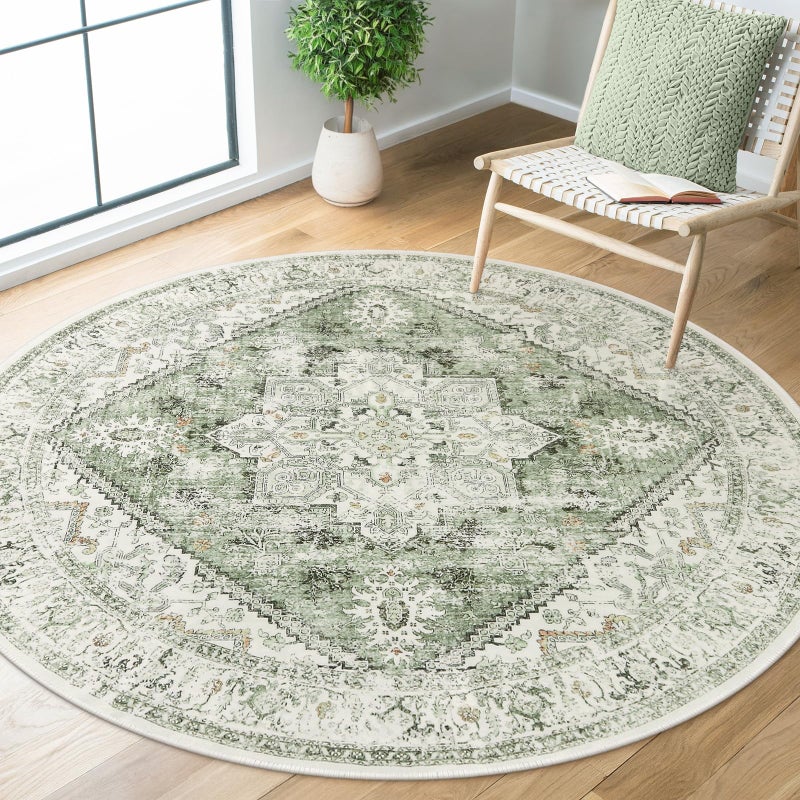 LIVEBOX Medallion Round Area Rug 5ft, Vintage Washable Sage Green Circle Rug for Bedroom, Low-Pile Soft Round Carpet for Living Room, Ideal for High Traffic Areas in Entryway - Image 1