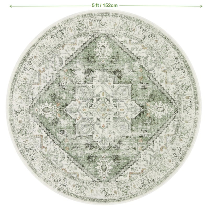 LIVEBOX Medallion Round Area Rug 5ft, Vintage Washable Sage Green Circle Rug for Bedroom, Low-Pile Soft Round Carpet for Living Room, Ideal for High Traffic Areas in Entryway - Image 2