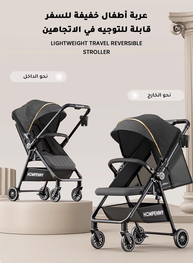 Hompenny Lightweight Reversible Travel Stroller With Cup Holder｜High Landscape Design｜Only 4.8kg, One-Click Fold｜360° Shock-Absorbing Wheels｜Multi-Position Recline｜For 0–4 Years｜Cabin-Friendly Black Single Stroller - Image 2