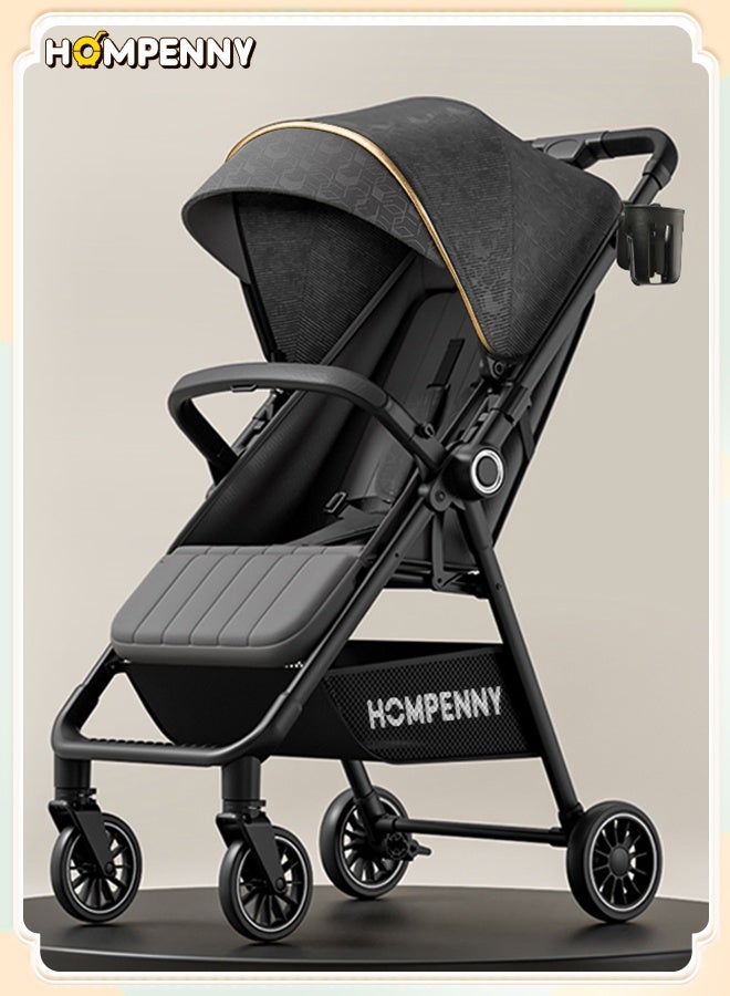 Hompenny Lightweight Reversible Travel Stroller With Cup Holder｜High Landscape Design｜Only 4.8kg, One-Click Fold｜360° Shock-Absorbing Wheels｜Multi-Position Recline｜For 0–4 Years｜Cabin-Friendly Black Single Stroller - Image 1