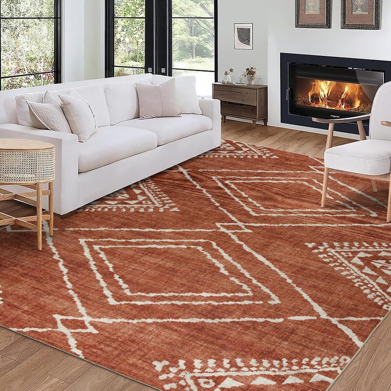 ReaLife Rugs Machine Washable Area Rug  Living Room Bedroom Bathroom Kitchen Entryway Office  Padded Low Pile Stain Resistant Premium  Moroccan Diamond Tribal  Jax  Orange 5 x 7