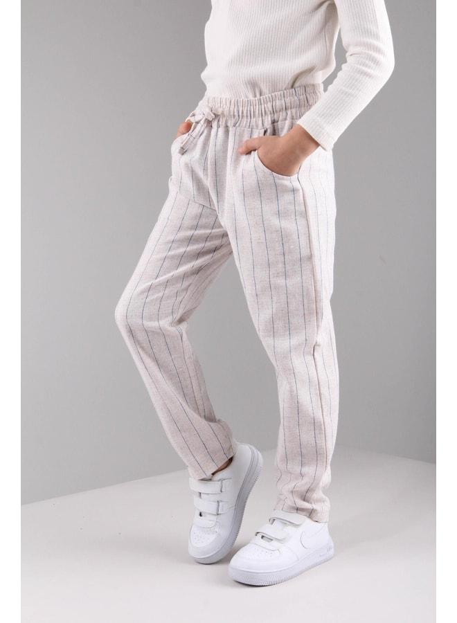 Perendi Pocketed Boys' and Girls' Blue Striped Linen Pants. - Image 3